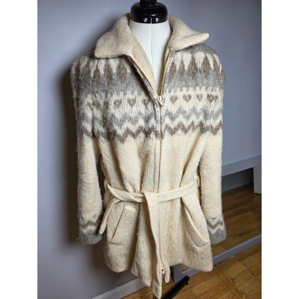 Hilda Ltd Icelandic Wool Cardigan Jacket Fair Isle Zip Belted Cream Grey Large